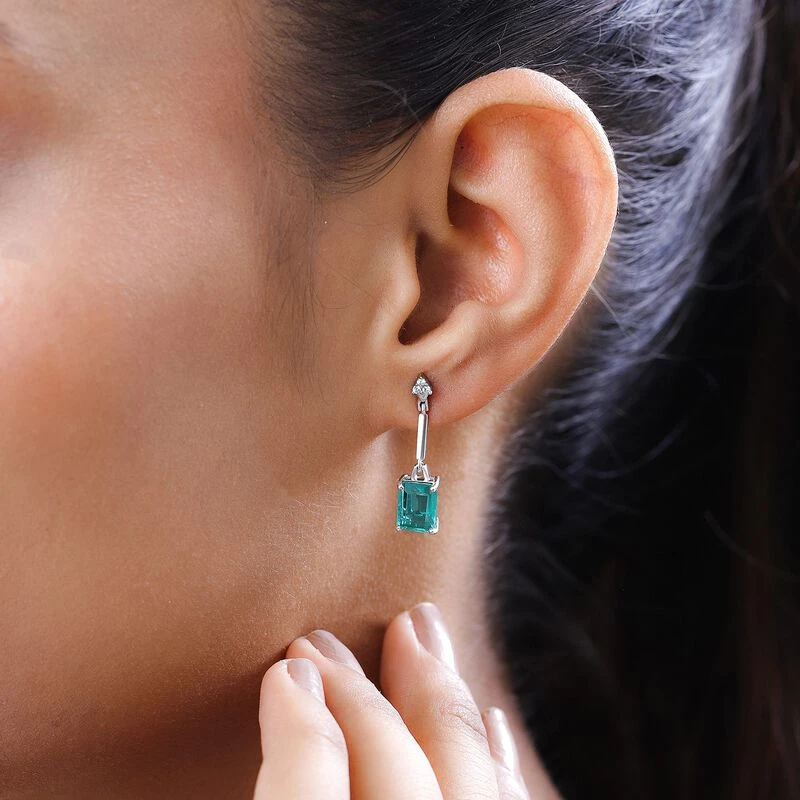 Smaragd-Triplette-Quarz, Weißer Zirkon Ohrringe, 925 Silber Platiniert Ca. 3.70 Ct 5 Smaragd-Triplette-Quarz, Weißer Zirkon Ohrringe, 925 Silber Platiniert Ca. 3.70 Ct – Bild 3