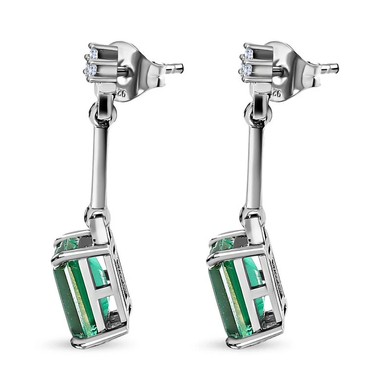 Smaragd-Triplette-Quarz, Weißer Zirkon Ohrringe, 925 Silber Platiniert Ca. 3.70 Ct 6 Smaragd-Triplette-Quarz, Weißer Zirkon Ohrringe, 925 Silber Platiniert Ca. 3.70 Ct – Bild 4