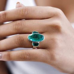 Smaragd-Triplette-Quarz Ring, 925 Silber Platiniert (Größe 19.00) Ca. 11.61 Ct -Schmuck Shoplc 7511194 2