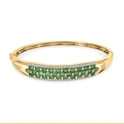 Kagem Sambischer Smaragd, Weißer Zirkon Armreif, Ca. 19 Cm, 925 Silber Gelbgold Vermeil, Ca. 6.74 Ct