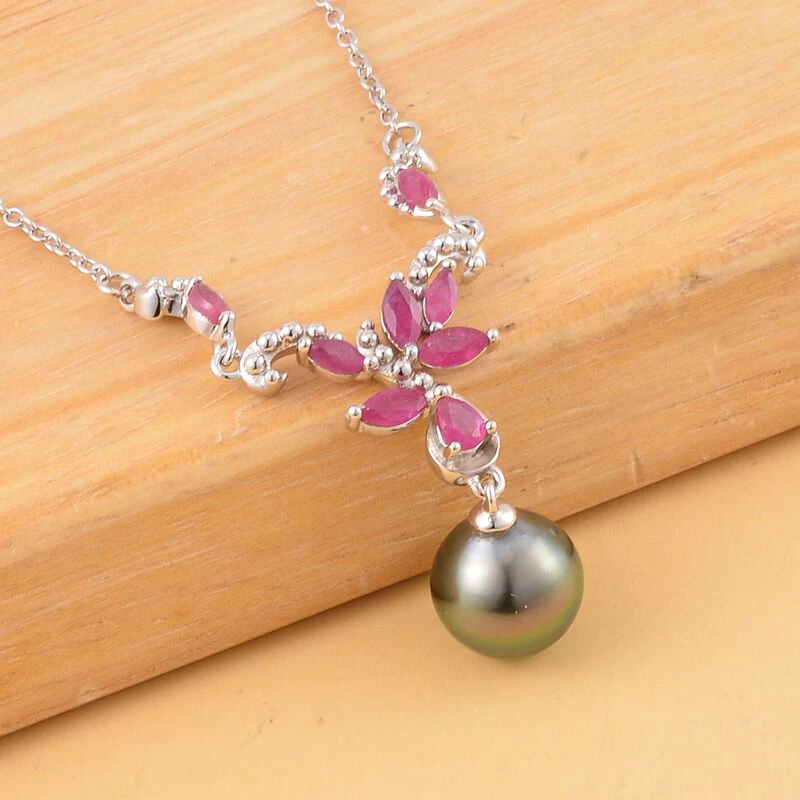 Tahiti Perle, Afrikanischer Rubin (Fissure Gefüllt) Halskette Ca. 45 Cm 925 Silber Rhodiniert Ca. 1.37 Ct 4 Tahiti Perle, Afrikanischer Rubin (Fissure Gefüllt) Halskette Ca. 45 Cm 925 Silber Rhodiniert Ca. 1.37 Ct – Bild 2