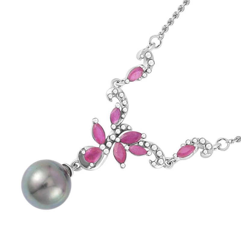 Tahiti Perle, Afrikanischer Rubin (Fissure Gefüllt) Halskette Ca. 45 Cm 925 Silber Rhodiniert Ca. 1.37 Ct 5 Tahiti Perle, Afrikanischer Rubin (Fissure Gefüllt) Halskette Ca. 45 Cm 925 Silber Rhodiniert Ca. 1.37 Ct – Bild 3