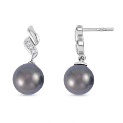 Tahiti Perle, Weißer Zirkon Ohrringe, 925 Silber Rhodiniert, Ca. 0.10 Ct