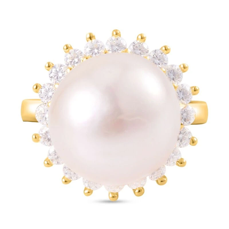 Weiße Edison Perle (13-14 Mm), Moissanit Ring, 925 Silber Gelbgold Vermeil, (Größe 16.00), Ca. 0.96 Ct 3 Weiße Edison Perle (13-14 Mm), Moissanit Ring, 925 Silber Gelbgold Vermeil, (Größe 16.00), Ca. 0.96 Ct