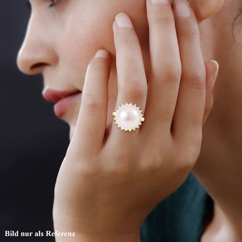 Weiße Edison Perle (13-14 Mm), Moissanit Ring, 925 Silber Gelbgold Vermeil, (Größe 16.00), Ca. 0.96 Ct 5 Weiße Edison Perle (13-14 Mm), Moissanit Ring, 925 Silber Gelbgold Vermeil, (Größe 16.00), Ca. 0.96 Ct – Bild 3