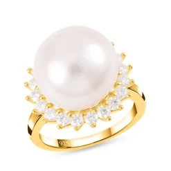 Weiße Edison Perle (13-14 Mm), Moissanit Ring, 925 Silber Gelbgold Vermeil, (Größe 16.00), Ca. 0.96 Ct 12 Weiße Edison Perle (13-14 Mm), Moissanit Ring, 925 Silber Gelbgold Vermeil, (Größe 16.00), Ca. 0.96 Ct -Schmuck Shoplc 7522760 3