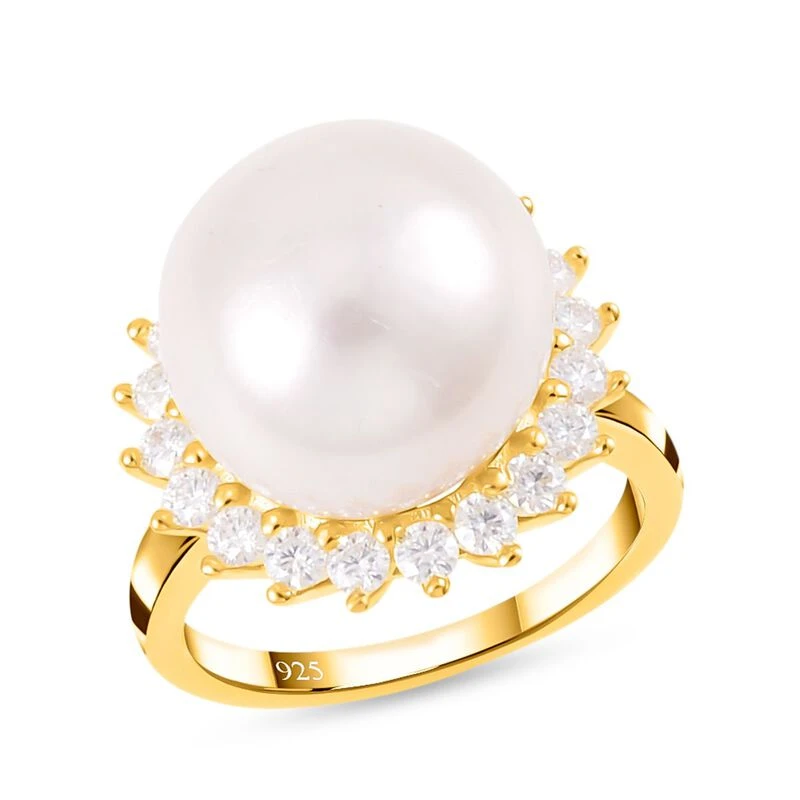 Weiße Edison Perle (13-14 Mm), Moissanit Ring, 925 Silber Gelbgold Vermeil, (Größe 16.00), Ca. 0.96 Ct 6 Weiße Edison Perle (13-14 Mm), Moissanit Ring, 925 Silber Gelbgold Vermeil, (Größe 16.00), Ca. 0.96 Ct – Bild 4