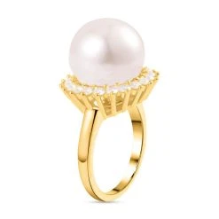 Weiße Edison Perle (13-14 Mm), Moissanit Ring, 925 Silber Gelbgold Vermeil, (Größe 16.00), Ca. 0.96 Ct 13 Weiße Edison Perle (13-14 Mm), Moissanit Ring, 925 Silber Gelbgold Vermeil, (Größe 16.00), Ca. 0.96 Ct -Schmuck Shoplc 7522760 4