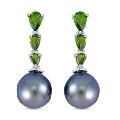 Tahiti Perle, Natürlicher Chromdiopsid Ohrringe, 925 Silber Rhodiniert, Ca. 1.61 Ct