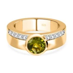 Natürlicher Peridot, Weißer Zirkon Ring, 925 Silber Vergoldet, (Größe 20.00) Ca. 1.73 Ct
