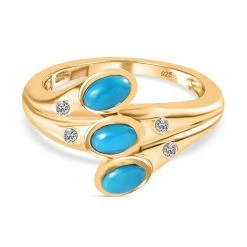 AA Sleeping Beauty Türkis, Weißer Zirkon Ringe 925 Silber Vergoldet (Größe 17.00) Ca. 0.91 Ct