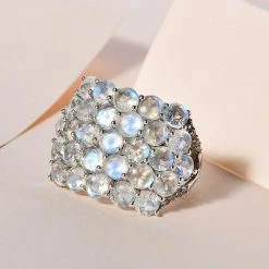 Premium Regenbogen Mondstein, Weißer Zirkon Ring, 925 Silber Platiniert, (Größe 17.00), Ca. 7.92 Ct -Schmuck Shoplc 7538730 1