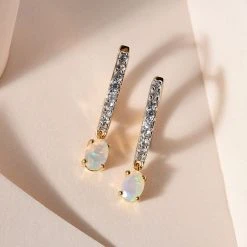 Natürlicher, äthiopischer Welo Opal, Weißer Zirkon Ohrringe, 925 Silber Vergoldet Ca. 1.31 Ct -Schmuck Shoplc 7539267 1