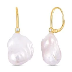 Weiße Barockperle, Moissanit Ohrringe, 925 Silber Vergoldet, Ca. 0.12 Ct