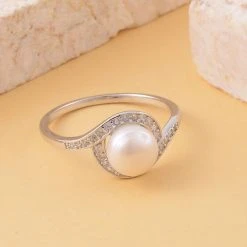 Weiße Süßwasser Perle, Weißer Zirkonia Ring, 925 Silber Rhodiniert (Größe 20.00) Ca. 0.24 Ct -Schmuck Shoplc 7549846 1