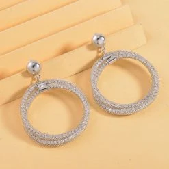 Doppelter Kreisförmiger Ohrringe Mit Weißem Kristall, Silberfarben -Schmuck Shoplc 7557150 1