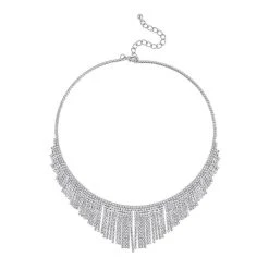 Kristall-Quaste Wasserfall-Design Halskette, Ca. 40.5 Cm, Silberfarben