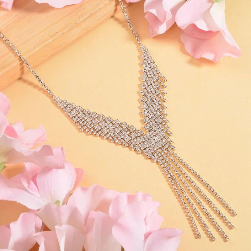 Quaste Wasserfall Weißes Kristall Collier, Ca. 50 Cm, Goldfarben 4 Quaste Wasserfall Weißes Kristall Collier, Ca. 50 Cm, Goldfarben – Bild 2