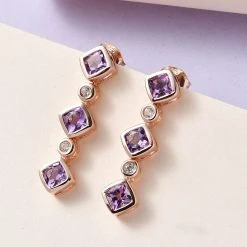 Rose De France Amethyst, Weißer Zirkon Ohrringe, 925 Silber Rosévergoldet Ca. 2.12 Ct -Schmuck Shoplc 7558489 1