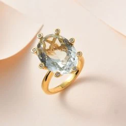 Prasiolite, Weißer Zirkon Ring, 925 Silber Vergoldet (Größe 16.00) Ca. 12.39 Ct -Schmuck Shoplc 7558729 1