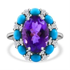 AA Lusaka Amethyst, Sleeping Beauty Türkis Ring, 925 Silber Platiniert (Größe 19.00) Ca. 8.09 Ct