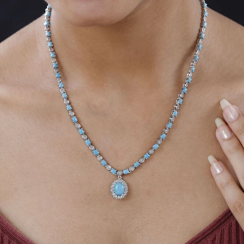 Amerikanische Sleeping Beauty Türkis Halskette, Ca. 45 Cm 925 Silber Platiniert Ca. 13.13 Ct 5 Amerikanische Sleeping Beauty Türkis Halskette, Ca. 45 Cm 925 Silber Platiniert Ca. 13.13 Ct – Bild 3