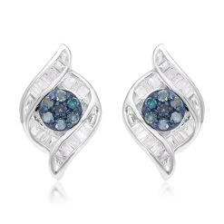 Blaue Diamant, Weiße Diamant Ohrringe, 925 Silber Platiniert Ca. 0.33 Ct