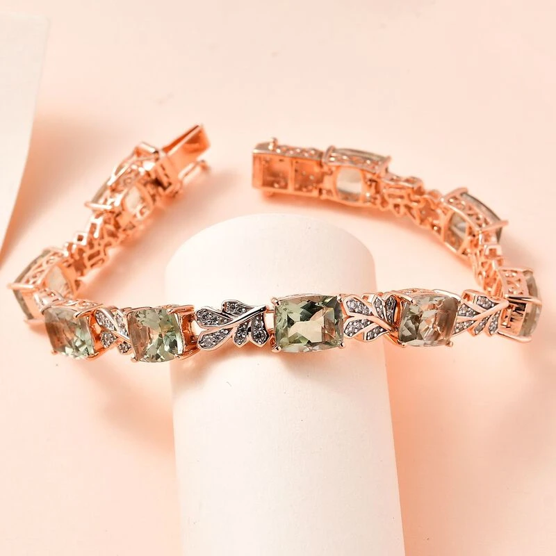 Prasiolite, Weißer Zirkon Armband, Ca. 20 Cm 925 Silber Rosévergoldet Ca. 29.29 Ct 4 Prasiolite, Weißer Zirkon Armband, Ca. 20 Cm 925 Silber Rosévergoldet Ca. 29.29 Ct – Bild 2
