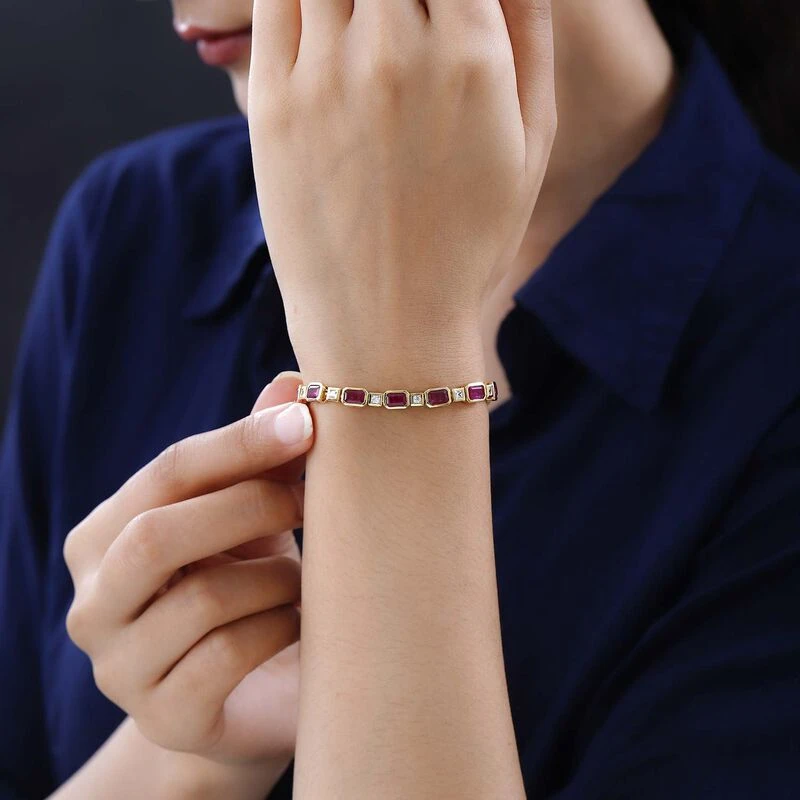 Afrikanischer Rubin (Fissure Gefüllt), Weißer Zirkon Armband Ca. 20 Cm 925 Silber Vergoldet Ca. 14.85 Ct 5 Afrikanischer Rubin (Fissure Gefüllt), Weißer Zirkon Armband Ca. 20 Cm 925 Silber Vergoldet Ca. 14.85 Ct – Bild 3