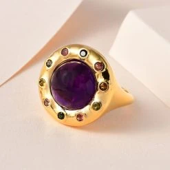 Afrikanischer Amethyst, Mehrfarbiger-Turmalin Ring, 925 Silber Vergoldet (Größe 18.00) Ca. 7.05 Ct -Schmuck Shoplc 7573650 1
