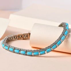 Amerikanischer, Natürlicher Sleeping Beauty Türkis Und Weißer Zirkon Armband, Ca. 18 Cm 925 Silber Platiniert Ca. 11.43 Ct -Schmuck Shoplc 7574836 1