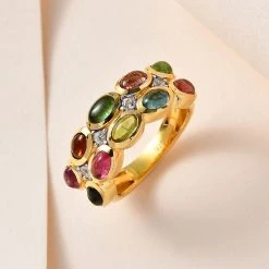 Natürlicher Mehrfarbiger Turmalin, Weißer Zirkon Ring, 925 Silber Vergoldet (Größe 19.00) Ca. 2.84 Ct -Schmuck Shoplc 7575395 1