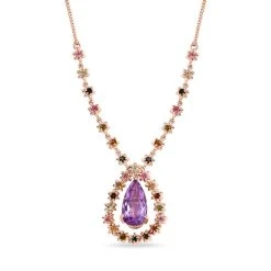 Rose De France Amethyst, Mehrfach-Turmalin Halskette Ca. 45 Cm 925 Silber Rosévergoldet Ca. 10.77 Ct