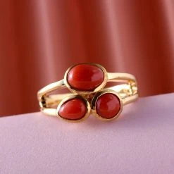 Koralle 3 Stein Ring 925 Silber Vergoldet (Größe 18.00) Ca. 2,02 Ct -Schmuck Shoplc 7819780 1