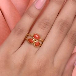 Koralle 3 Stein Ring 925 Silber Vergoldet (Größe 18.00) Ca. 2,02 Ct -Schmuck Shoplc 7819780 2