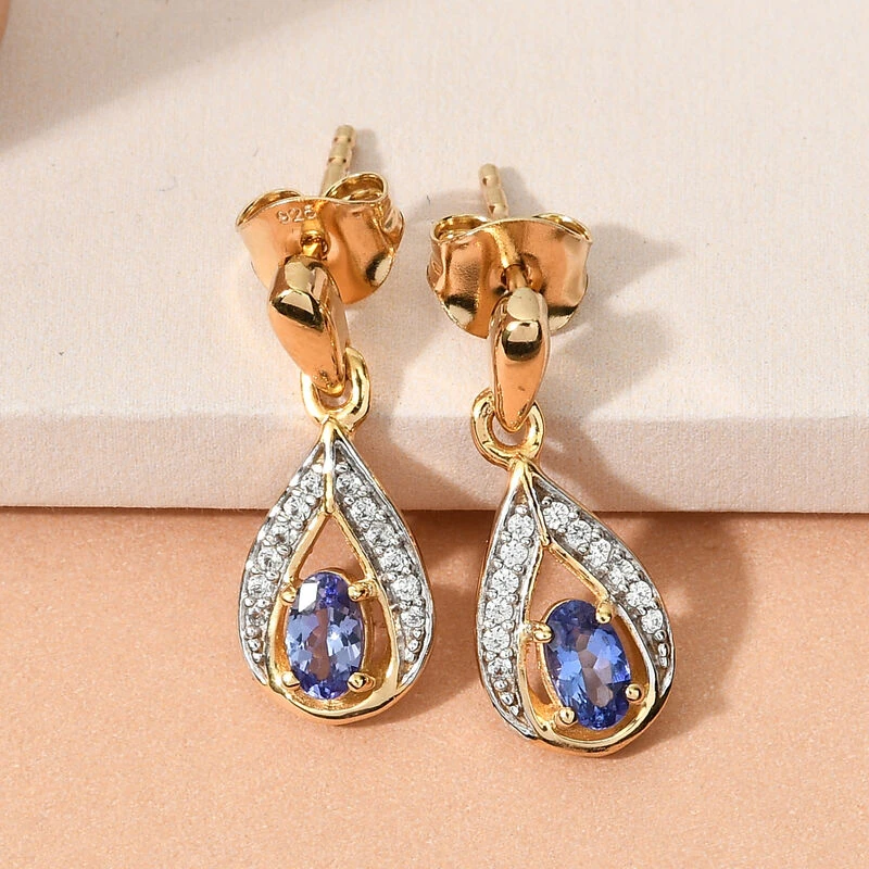 AA Tansanit Und Zirkon Ohrringe 925 Silber Gelbgold Vermeil Ca. 0.75 Ct 4 AA Tansanit Und Zirkon Ohrringe 925 Silber Gelbgold Vermeil Ca. 0.75 Ct – Bild 2