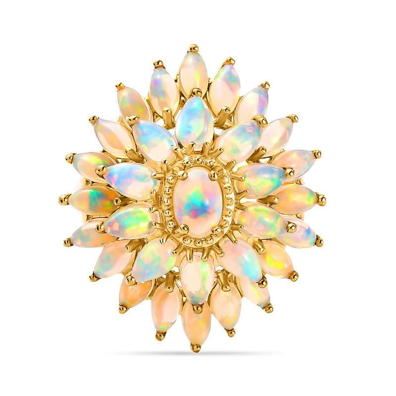 Natürlicher, äthiopischer Opal Blumen-Ring, 925 Silber Gelbgold Vermeil (Größe 16.00) Ca. 3.74 Ct 3 Natürlicher, äthiopischer Opal Blumen-Ring, 925 Silber Gelbgold Vermeil (Größe 16.00) Ca. 3.74 Ct