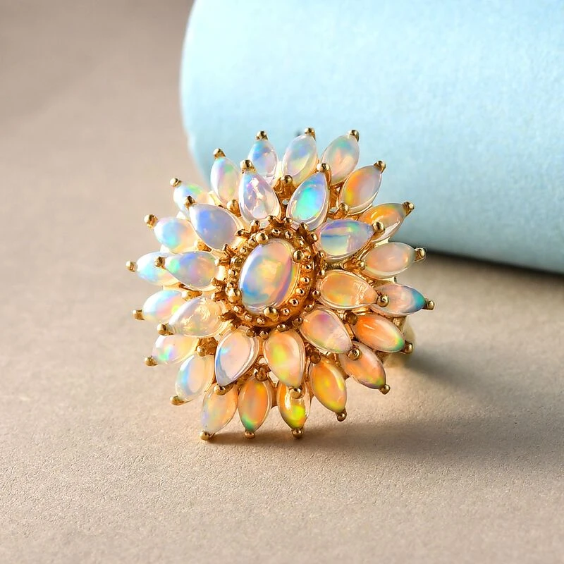 Natürlicher, äthiopischer Opal Blumen-Ring, 925 Silber Gelbgold Vermeil (Größe 16.00) Ca. 3.74 Ct 4 Natürlicher, äthiopischer Opal Blumen-Ring, 925 Silber Gelbgold Vermeil (Größe 16.00) Ca. 3.74 Ct – Bild 2