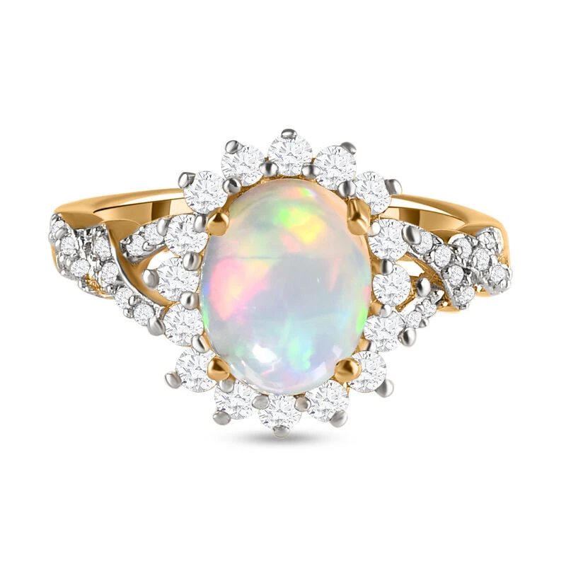 Natürlicher, äthiopischer Opal Und Weißer Zirkon-Ring, 925 Silber Gelbgold Vermeil (Größe 20.00) Ca. 1.87 Ct 3 Natürlicher, äthiopischer Opal Und Weißer Zirkon-Ring, 925 Silber Gelbgold Vermeil (Größe 20.00) Ca. 1.87 Ct