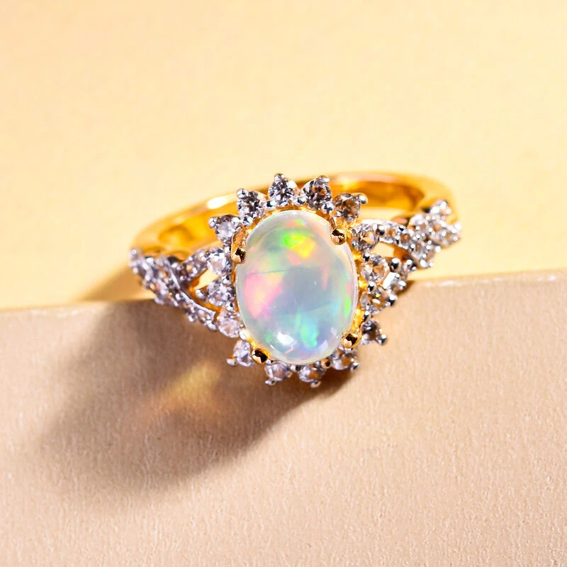 Natürlicher, äthiopischer Opal Und Weißer Zirkon-Ring, 925 Silber Gelbgold Vermeil (Größe 20.00) Ca. 1.87 Ct 4 Natürlicher, äthiopischer Opal Und Weißer Zirkon-Ring, 925 Silber Gelbgold Vermeil (Größe 20.00) Ca. 1.87 Ct – Bild 2