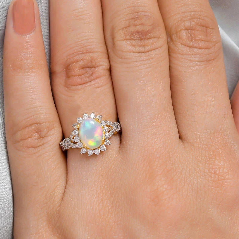Natürlicher, äthiopischer Opal Und Weißer Zirkon-Ring, 925 Silber Gelbgold Vermeil (Größe 20.00) Ca. 1.87 Ct 5 Natürlicher, äthiopischer Opal Und Weißer Zirkon-Ring, 925 Silber Gelbgold Vermeil (Größe 20.00) Ca. 1.87 Ct – Bild 3