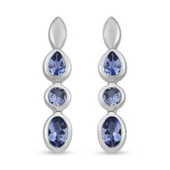 Tansanit 3-Stein-Ohrringe, 925 Silber Platiniert, Ca. 1.03 Ct