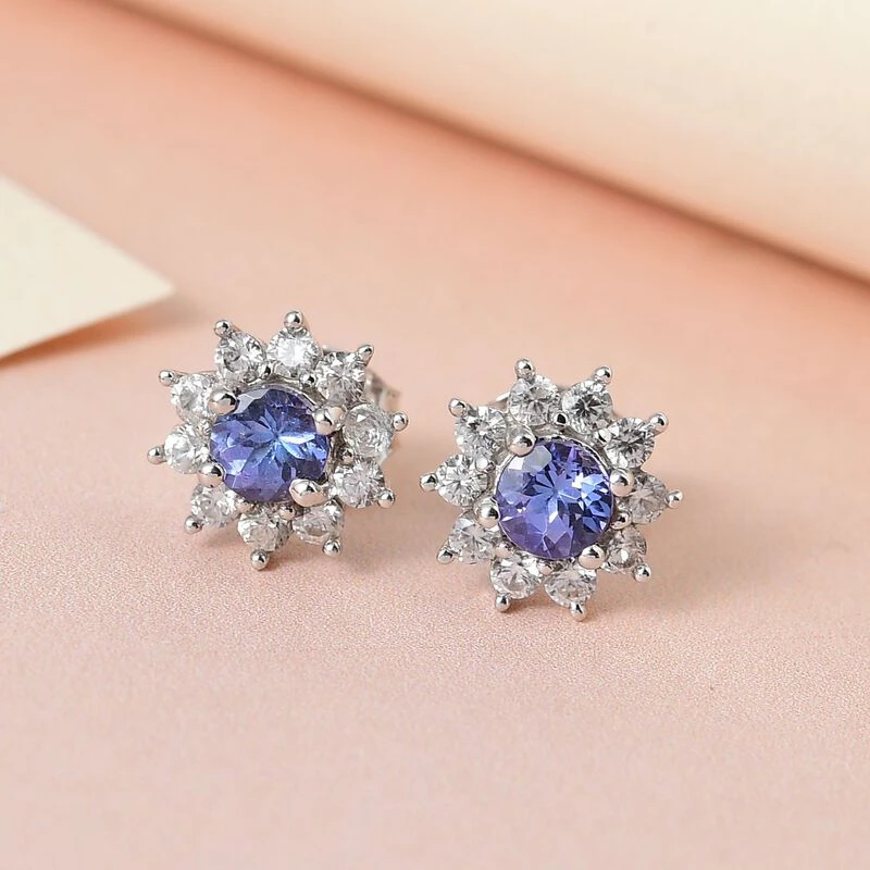 Tansanit Und Weiße Zirkon Ohrstecker, 925 Silber Platiniert Ca. 1.09 Ct 4 Tansanit Und Weiße Zirkon Ohrstecker, 925 Silber Platiniert Ca. 1.09 Ct – Bild 2